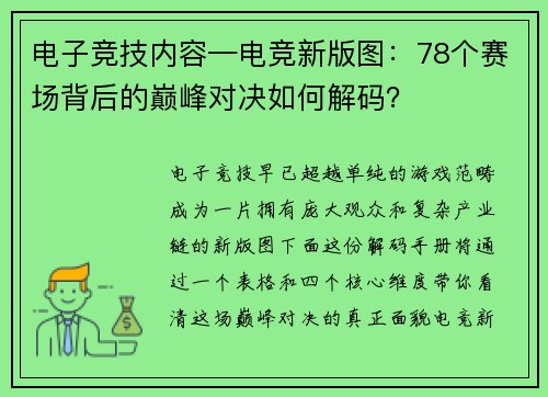 电子竞技内容—电竞新版图：78个赛场背后的巅峰对决如何解码？