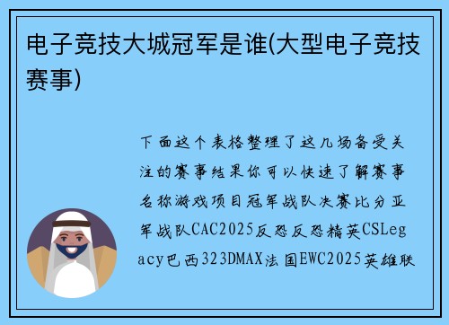 电子竞技大城冠军是谁(大型电子竞技赛事)